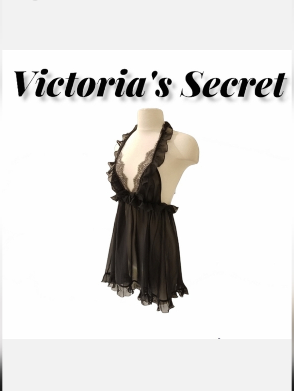 Victoria's Secret Babydoll Chemise Sheer Black Open Back Ruffle Trim Sz M NWT